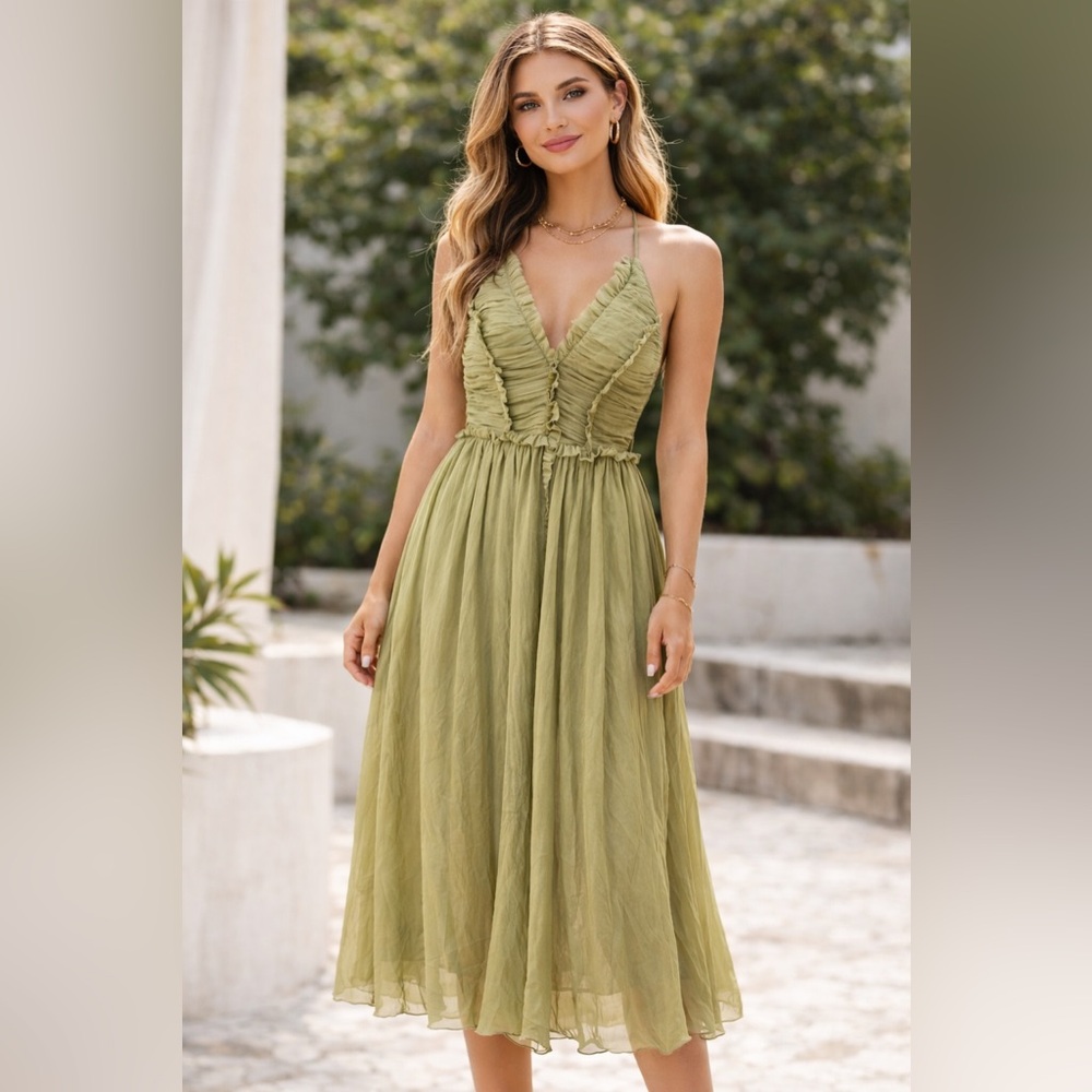 ASOS midi backless dress in soft sage green.